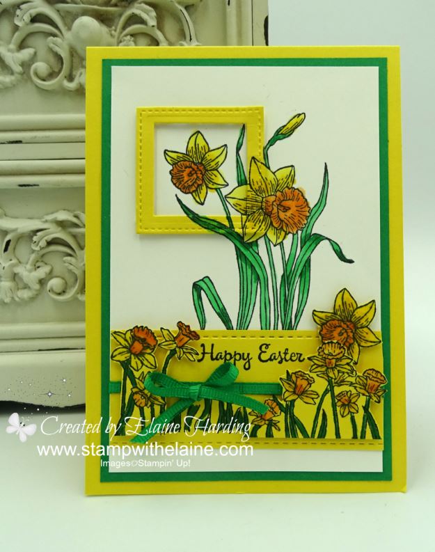 Daffodils Easter card spotlight technique with stitched dies