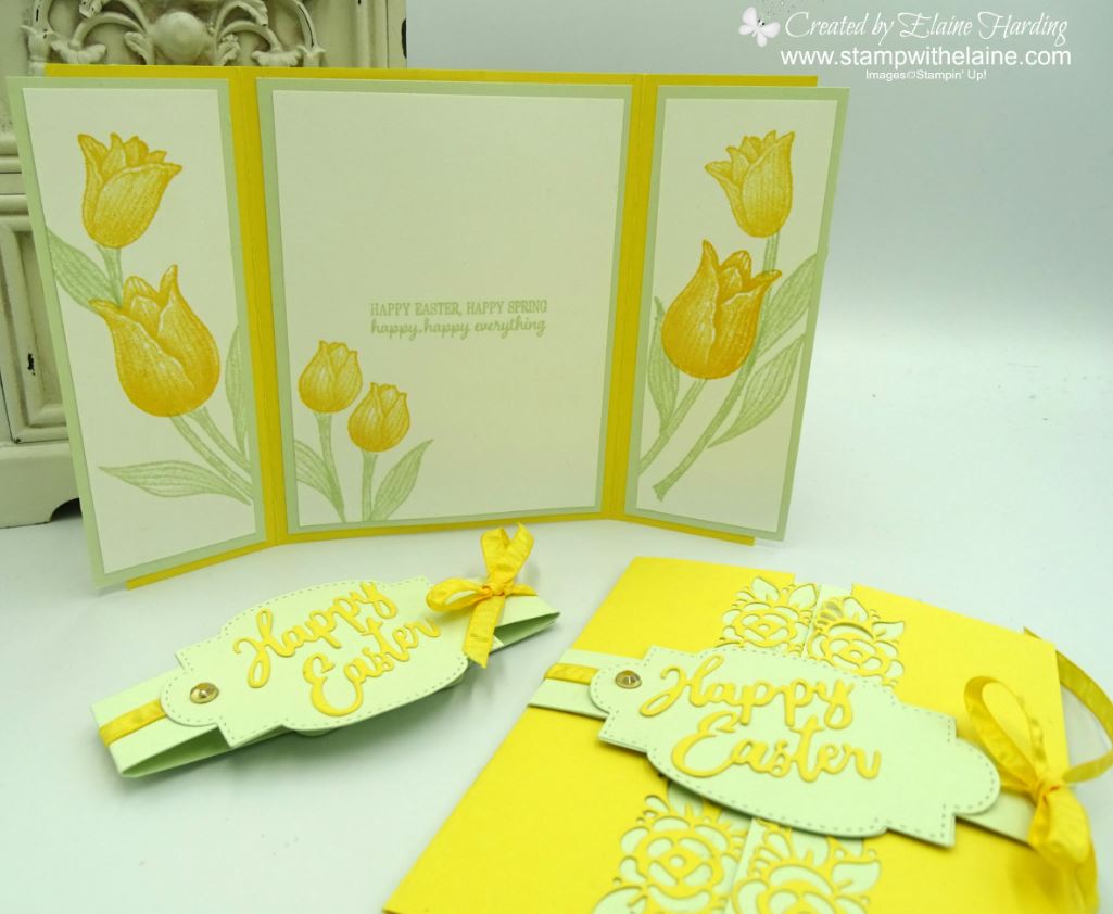 Gatefold easter card with tulips and ornate border