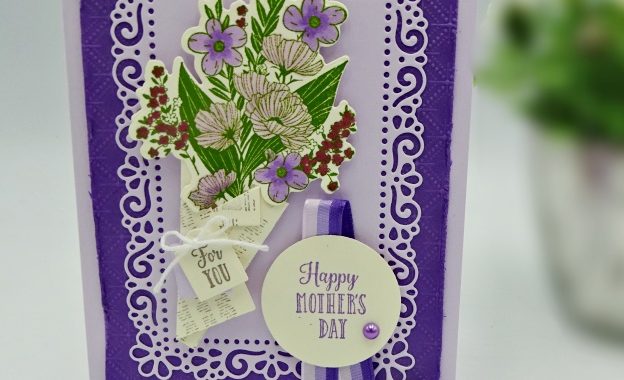 mothers day card with wrapped bouquet and ornate label