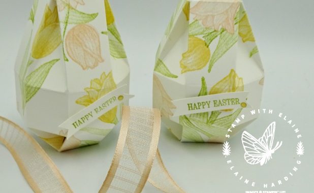 easter egg box drop orb shape with label for hanging decorated with tulips