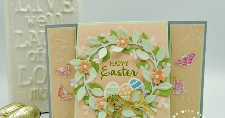 fun fold easter card with wreath, easter eggs and butterflies