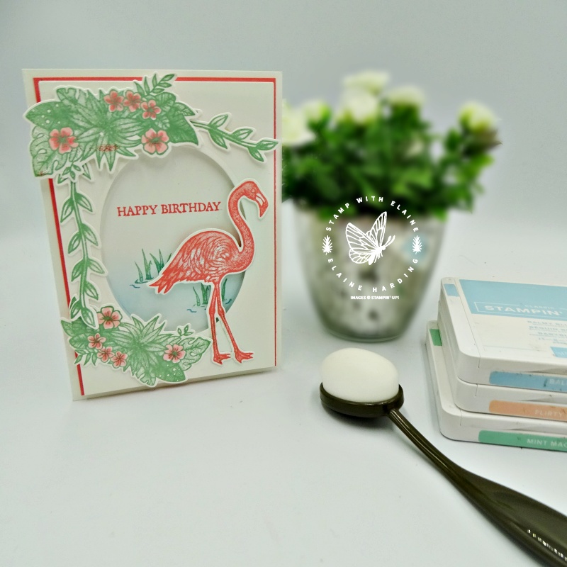 blended background with oval window flamingo birthday card