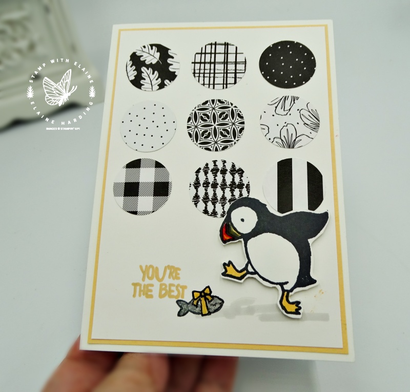 patterned paper circle grid with "you;re the best" sentiment and a puffin