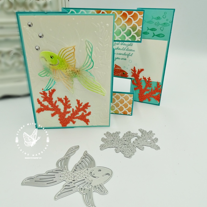 Trifold shutter card in open position with Seascape bundle