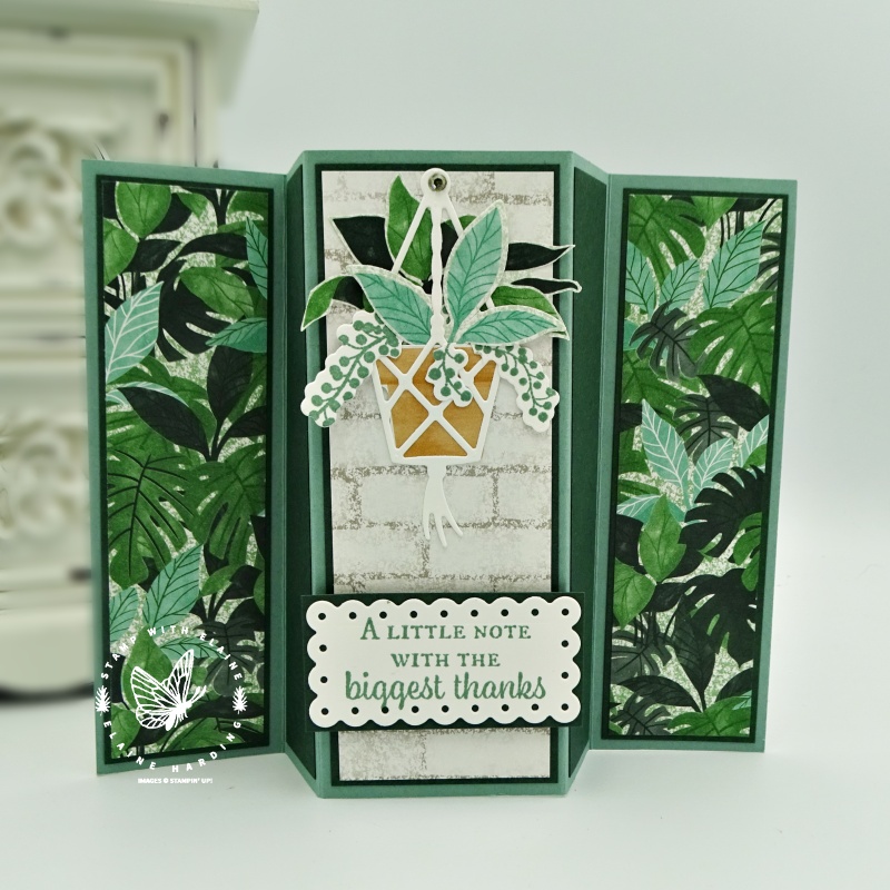 reverse gate fold card front with patterned paper and plentiful plants bundle