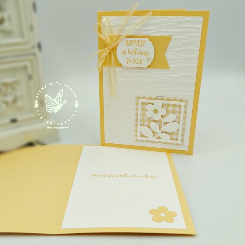 clean and simple card with embossed front and floral die cut from All Squared Away bundle