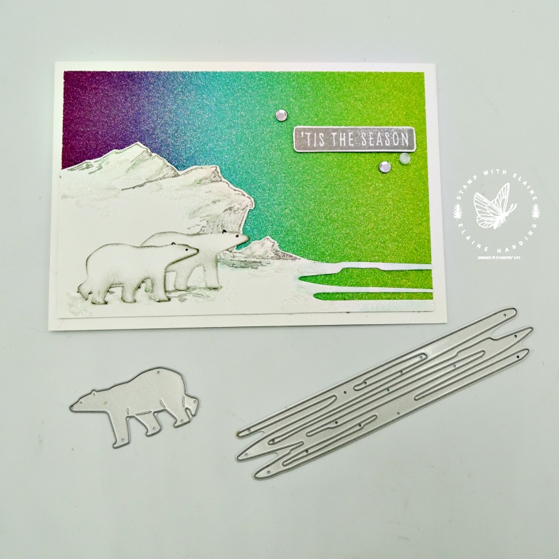 rainbow glimmer paper background christmas card with polar bears dies