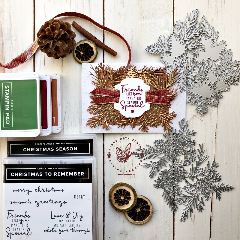 christmas card with christmas pinecone dies and Christmas to Remember stamp set
