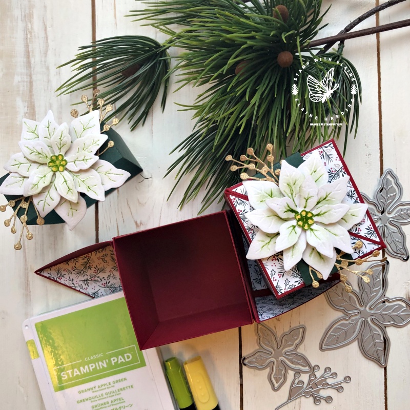 corner opening box with Pointsettia belly band 