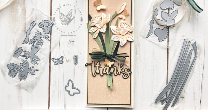 long slim thank you card with Daffodil Dies