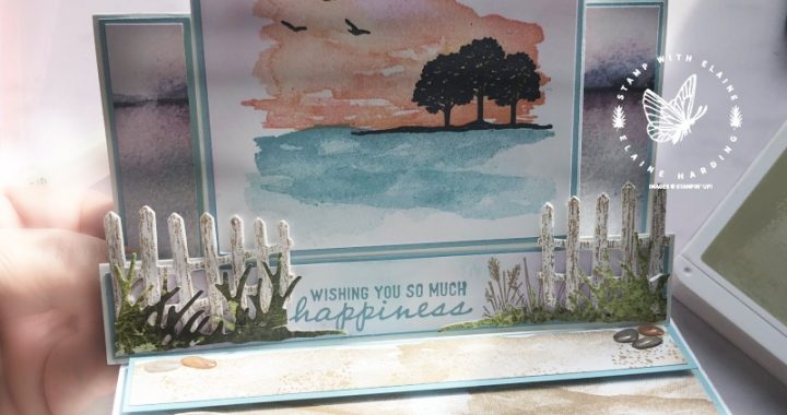 fun fold centre step easel card with oceanfront