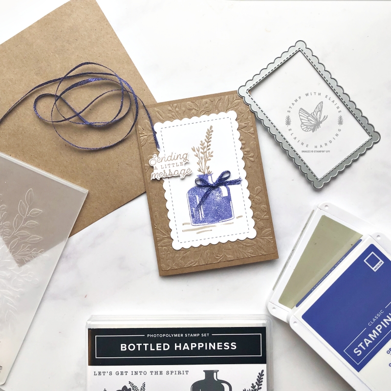 Kraft notecard tone on tone embossed card with Bottled Happiness