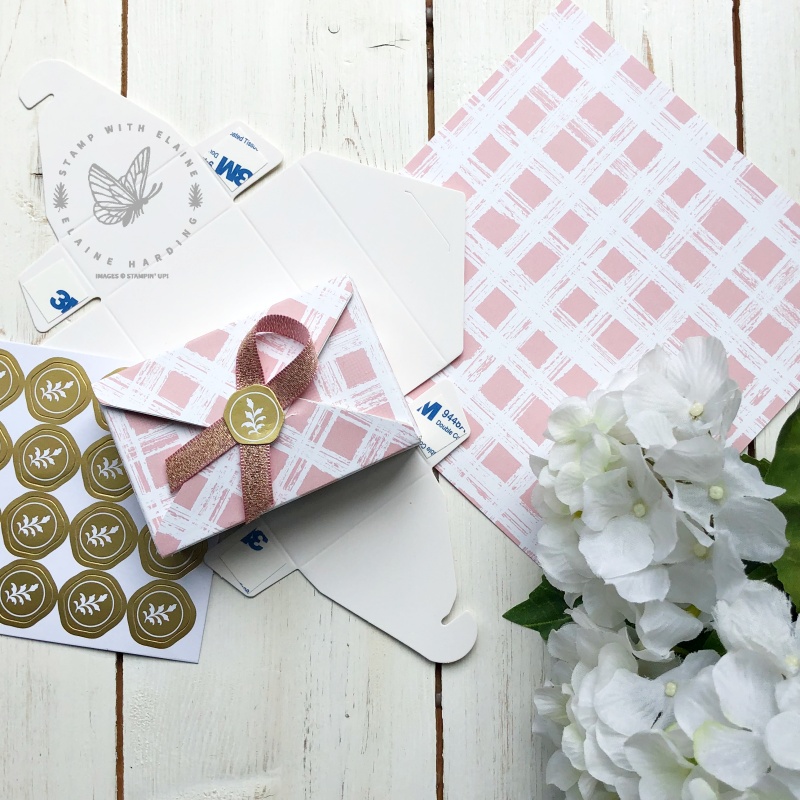 blushing bride and white cottage gingham envelope treat box with ribbon