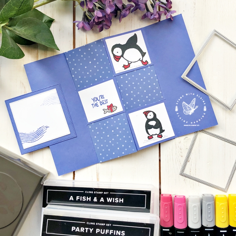 Hidden message card open with Party Puffins with 1st message