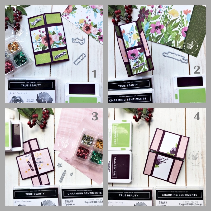 collage infinity card with pictures of each side with True Beauty Bundle and Charming Sentiments bundle