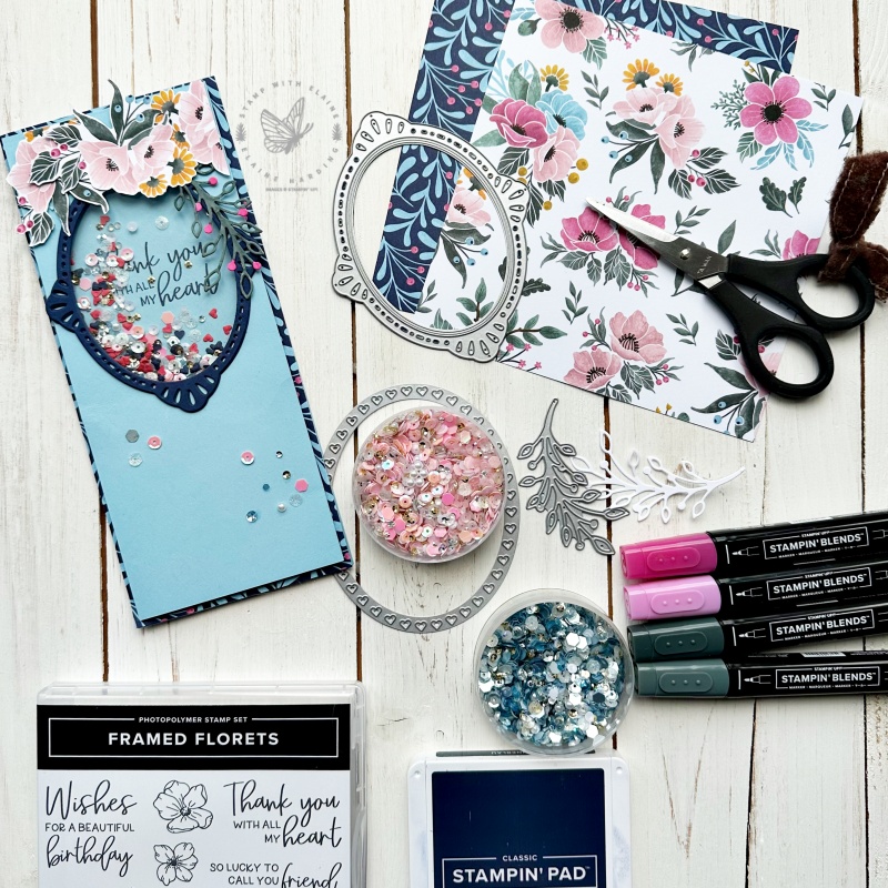 balmy blue long slim card with Framed Florets sneak peek