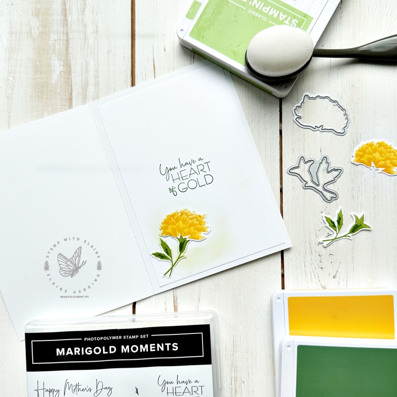 Inside Mother's Day card with Marigold Moments stamps and dies