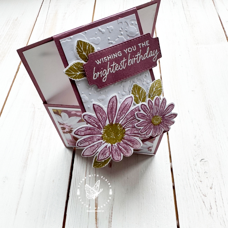 upright view Moody Mauve fun fold card with Cheerful Daisies