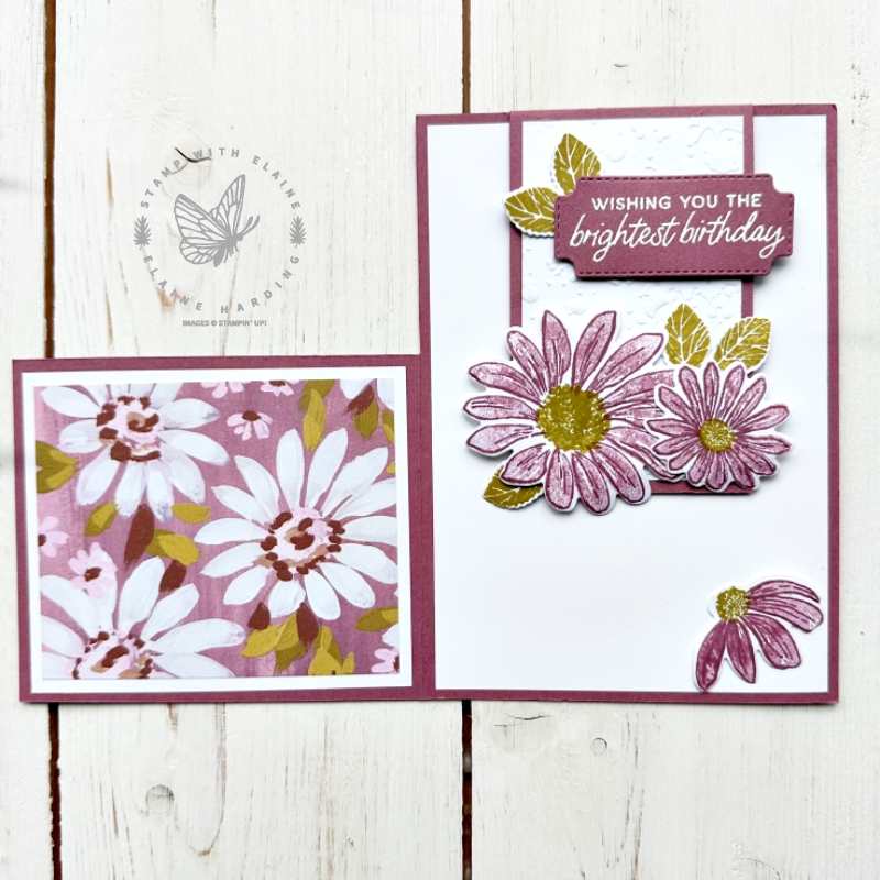 Moody Mauve flap down inside card with Cheerful Daisies