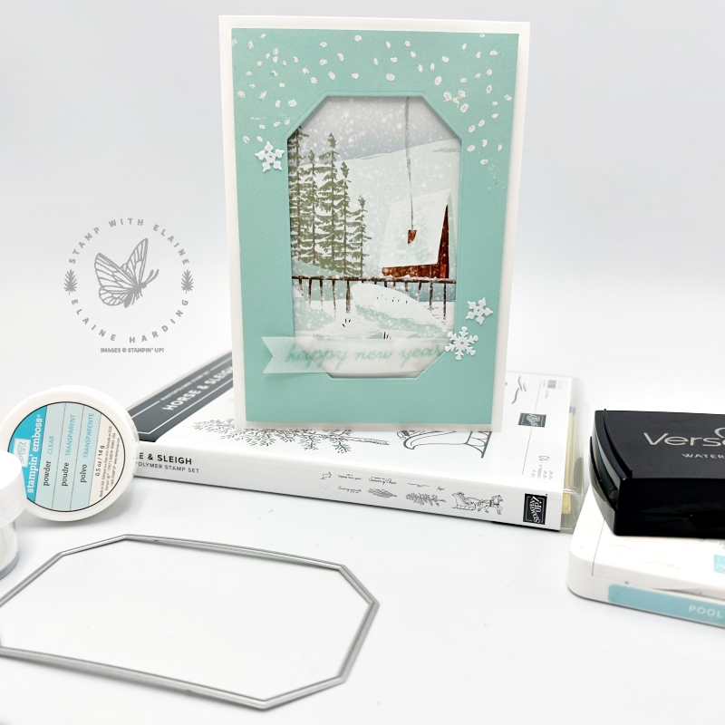 new year card with Horse & Sleigh and countryside corners dies.