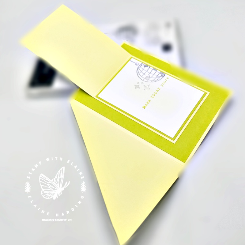 Lemon Lolly diagonal joy fold fully open with Curved Occasions