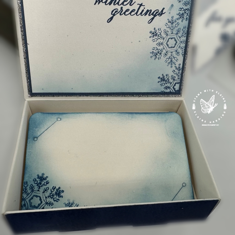 Close up inside stenciled box with Sparkling Snowflakes