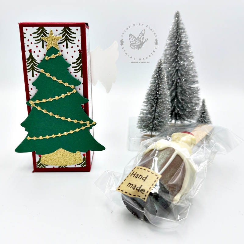 back of stocking filler treat box with Merriest Trees
