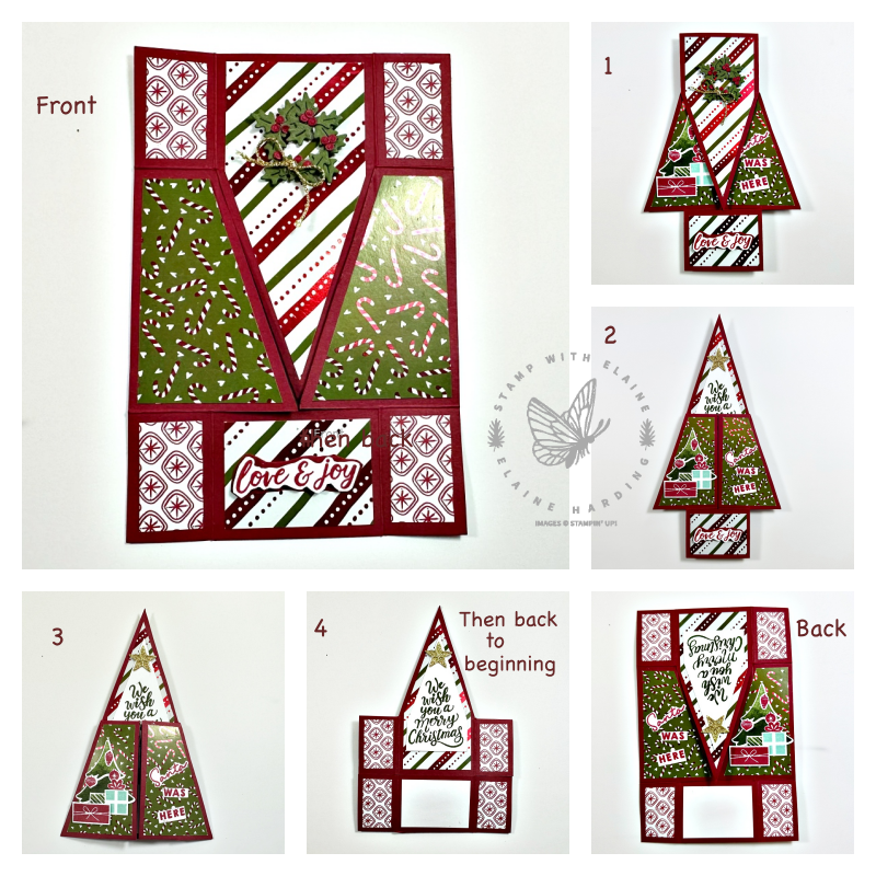 Collage of Merriest Trees infinity card  to show how to open it.