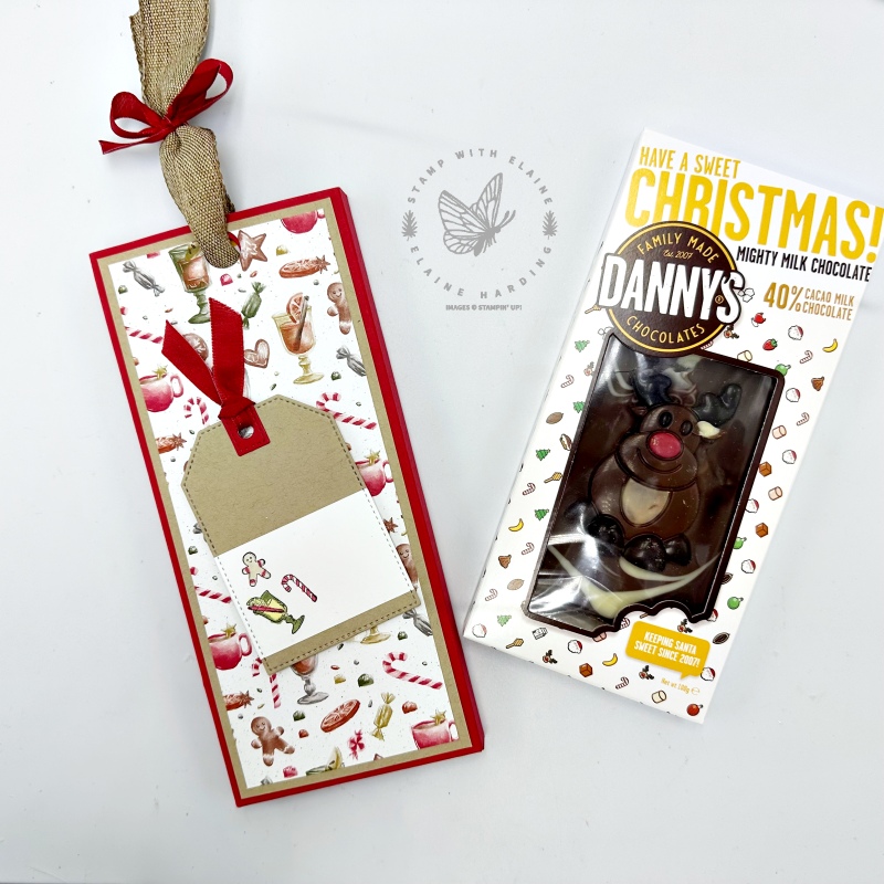 Pull out chocolate bar closed with Merriest Trees dies and Traditions of St Nick DSP