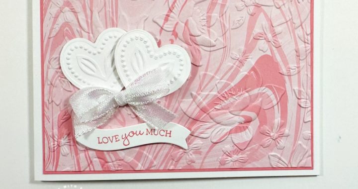 Flirty Flamingo landscape anniversary card with Adoring Hearts Hybrid embossing folder