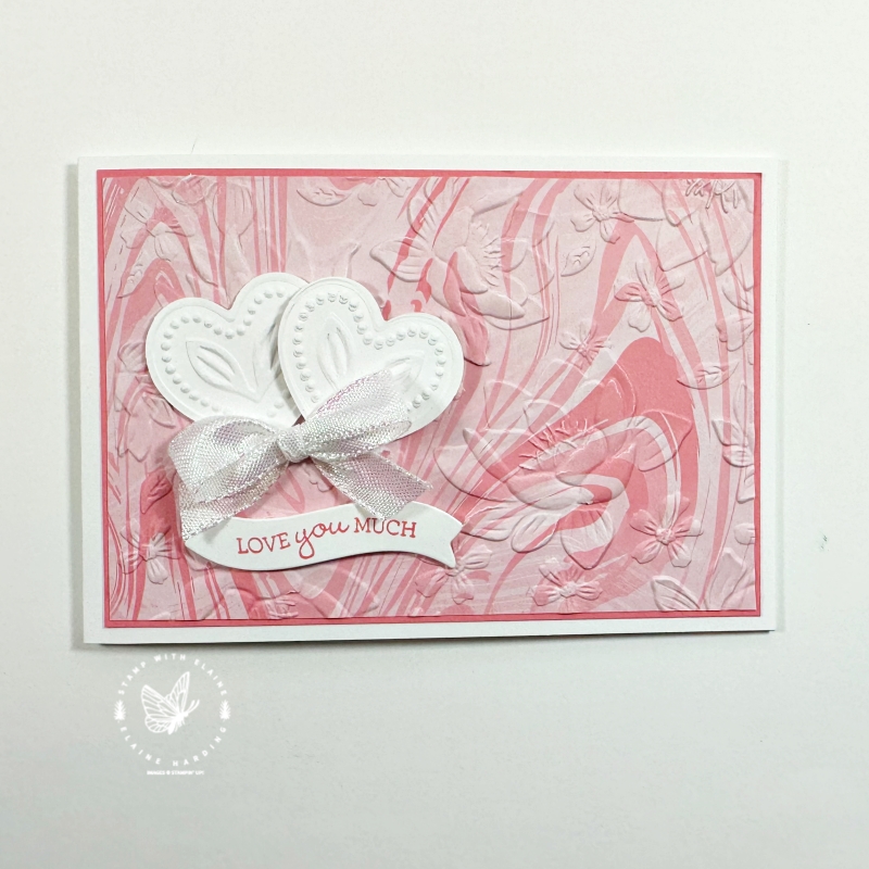 landscape Flirty Flamingo anniversary card with Adoring Hearts Hybrid embossing folder