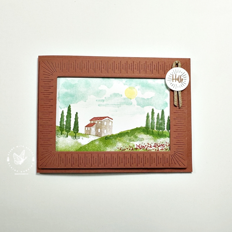 Pecan Pie Radiating Stitches frame card with Hills of Tuscany
