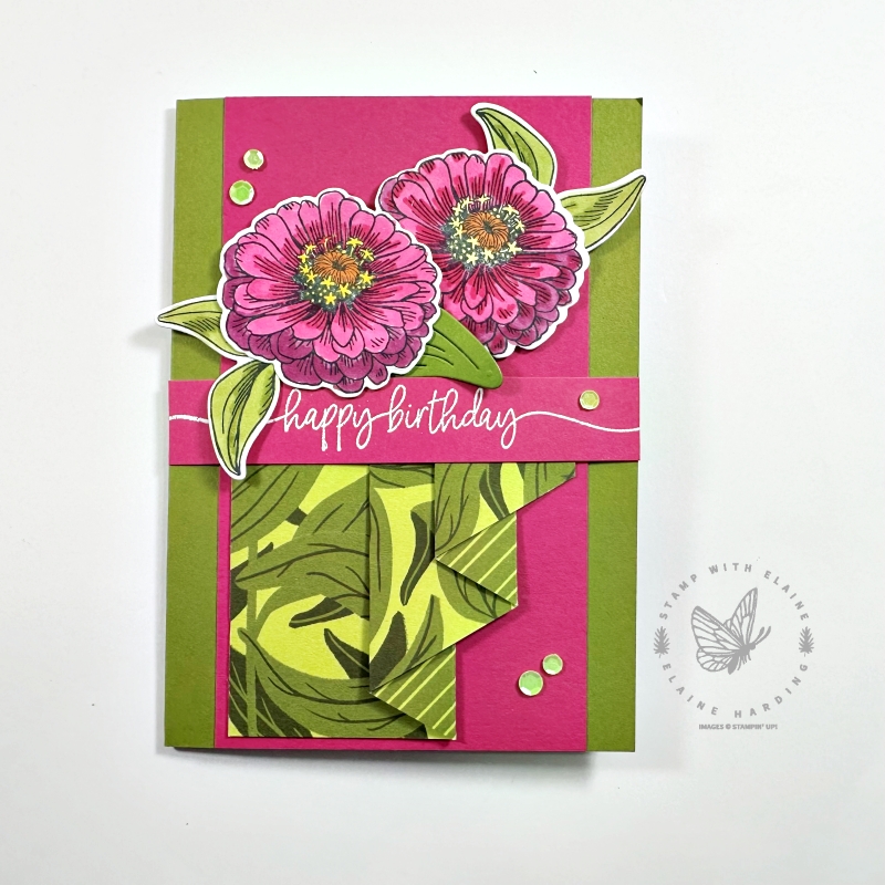 Old Olive card with curtain fold and simply zinnias bundle