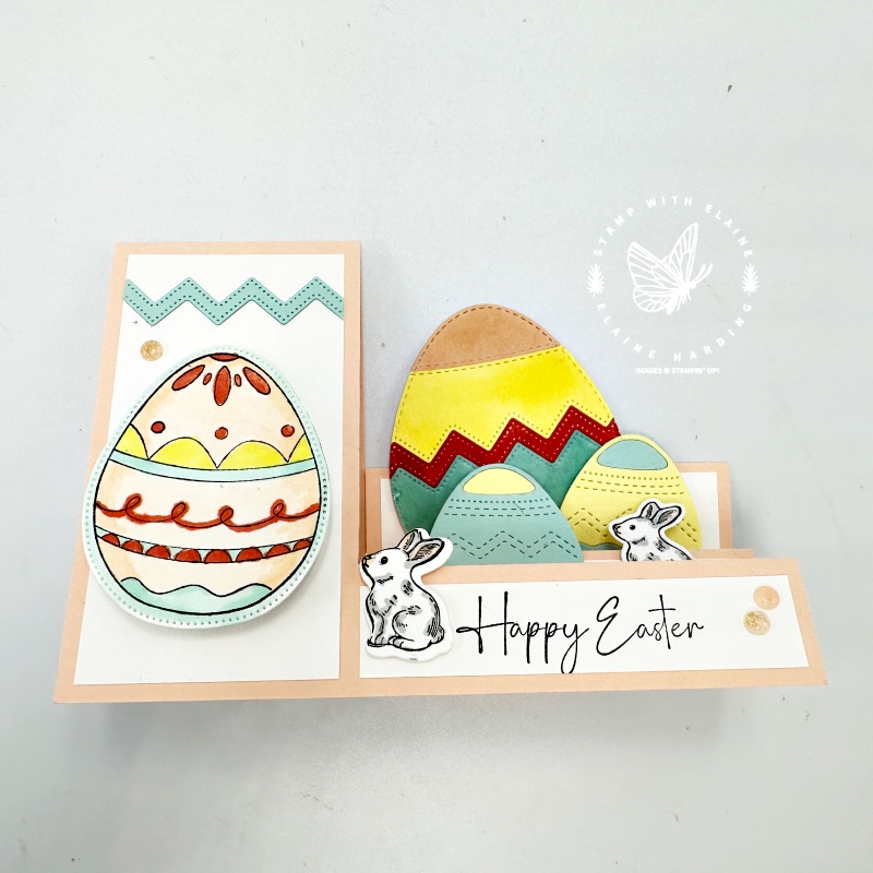 fun fold side step easter card closed with Excellent Eggs
