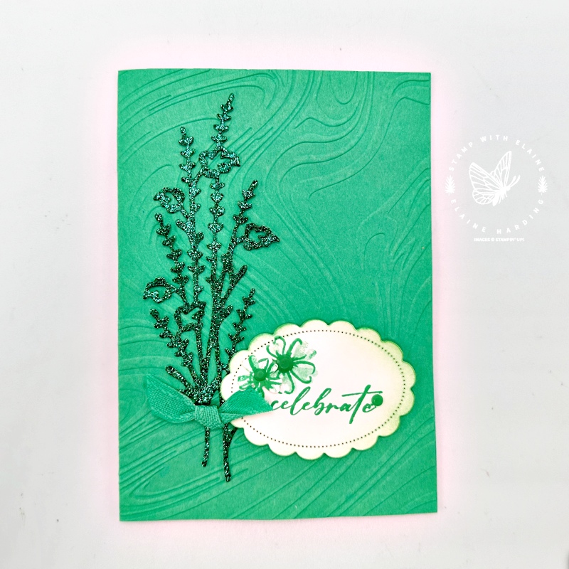 Shy Shamrock swirly embossed card with Unbounded Beauty