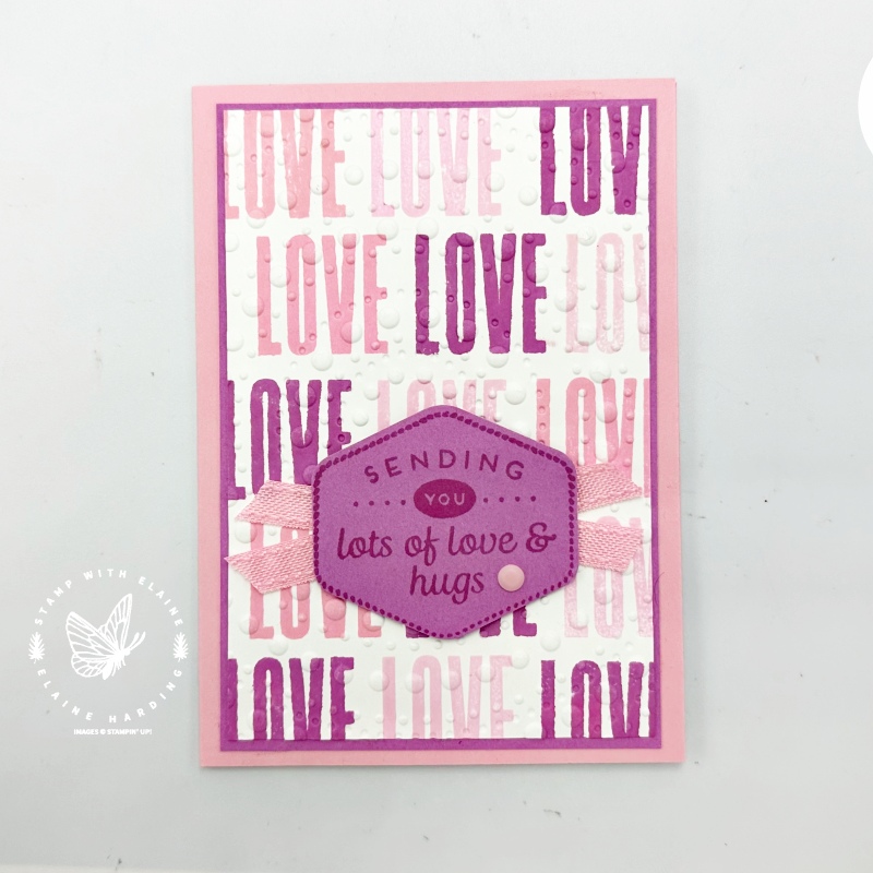 Pretty in Pink dotted circles embossed card with More Wishes and Heartfelt Hexagon