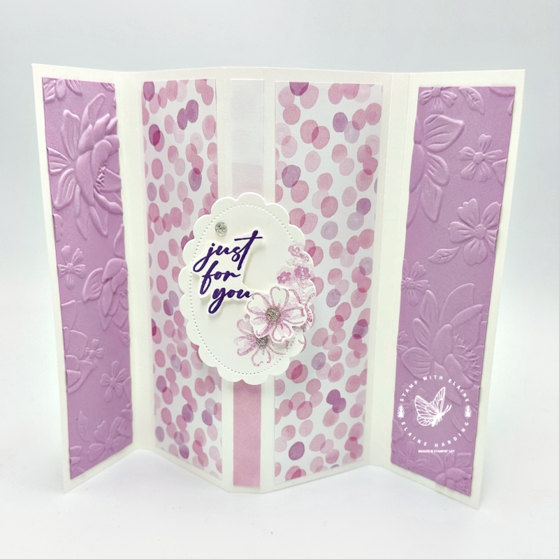 Fresh Freesia Open front gusseted M fold card with Unbounded Beauty Suite