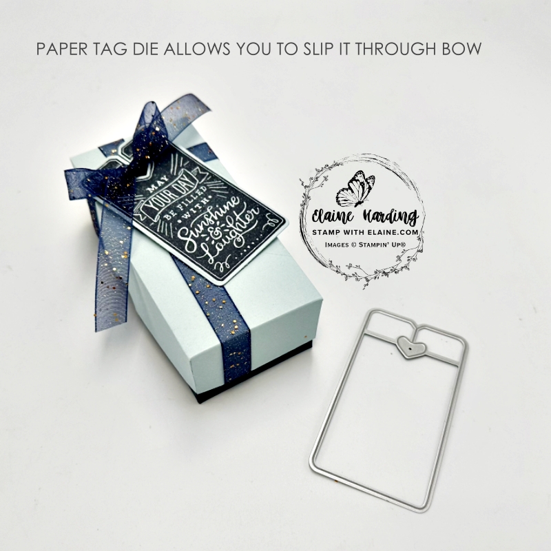 Paper tag die tag slips through bow 