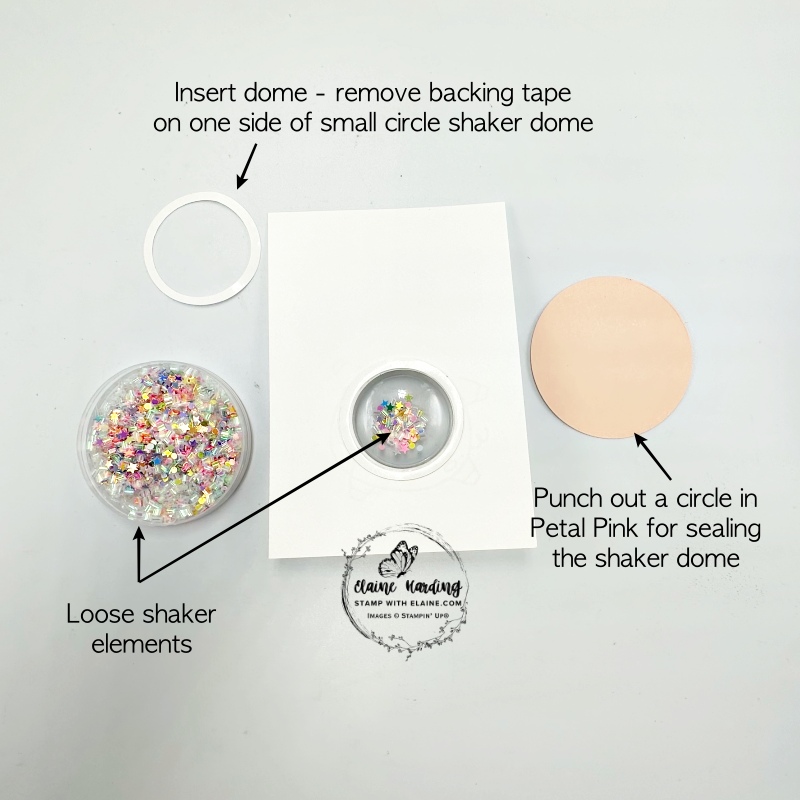 back of card front with shaker dome inserted and filled with loose shaker elements