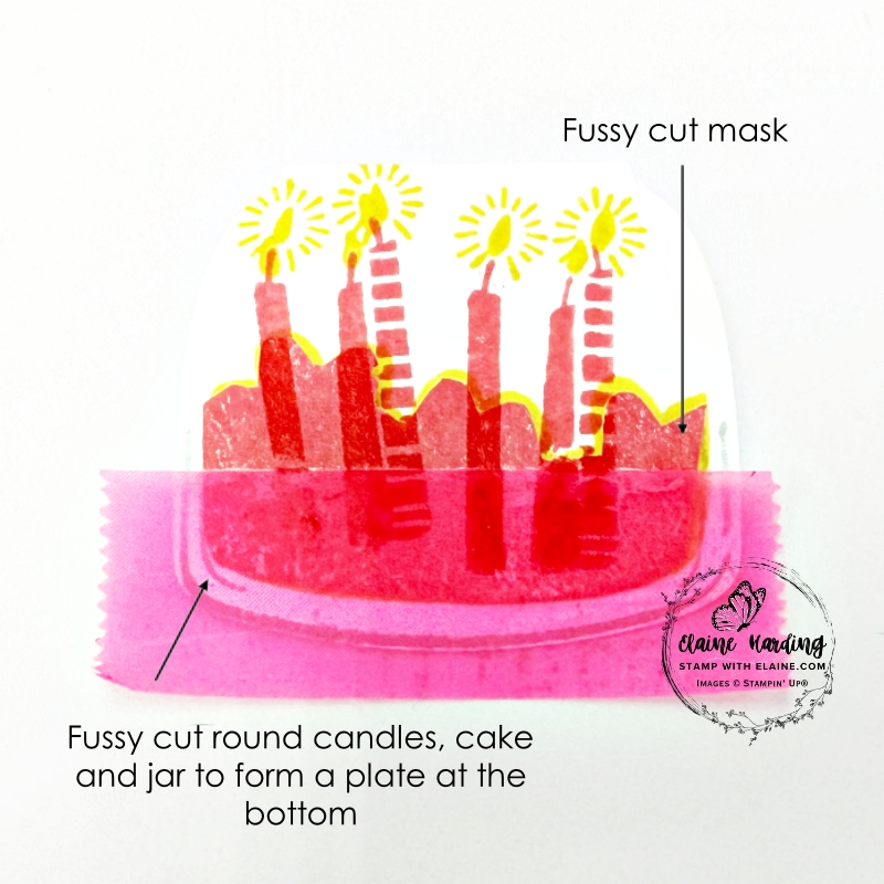 masking to stamp candles and fussy cut to resemble cake