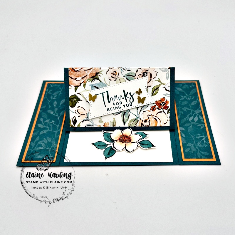 Pretty peacock centre easel card with Charming Day