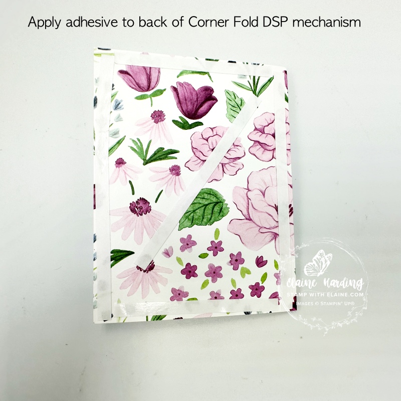 applying adhesive to back of corner fold mechanism