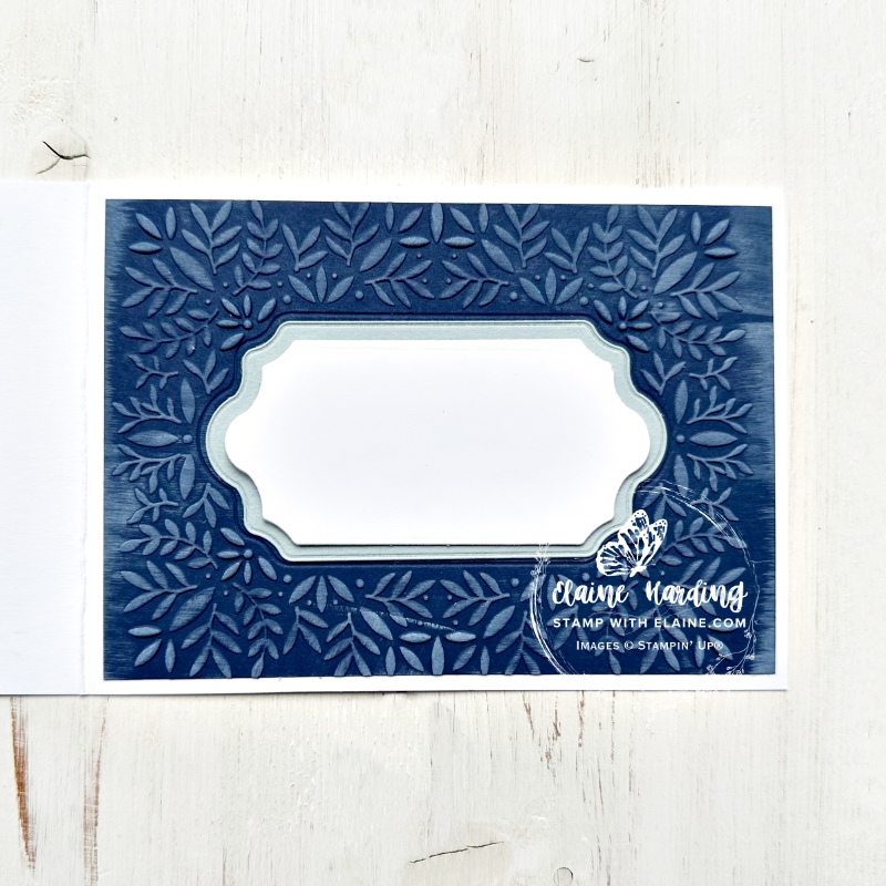 inside altered card 1 Beautiful Blues kit with Peaceful Greenery 3D embossing folder