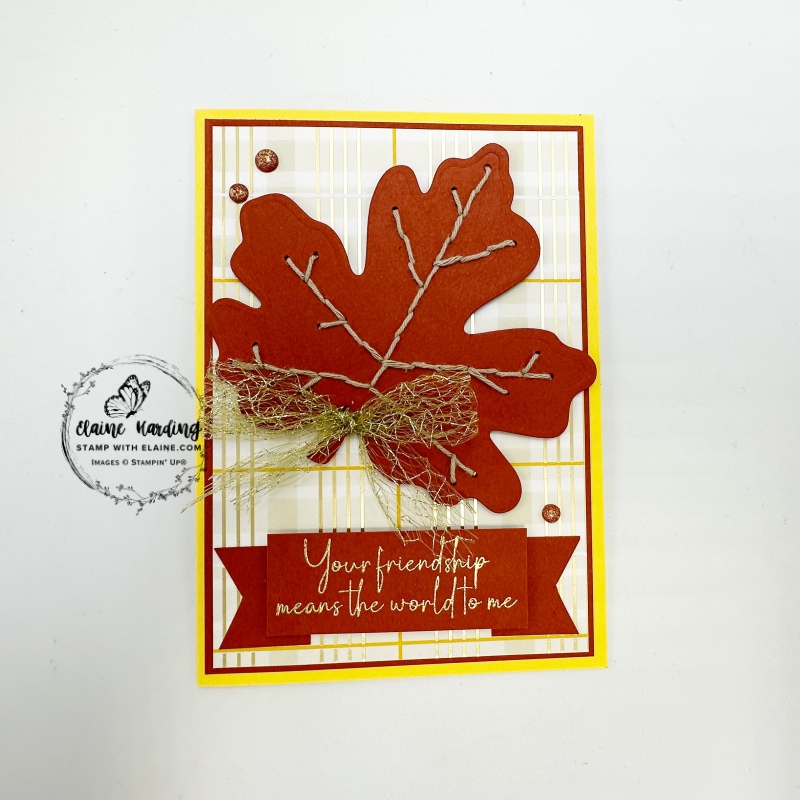Crushed Curry Maple leaf sewn Autumn card with Gathering Moments