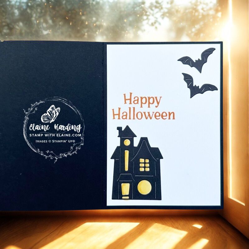 inside framed spooky H_ween card with cat house bats