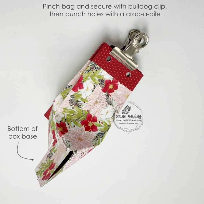 pinch bag secure with bulldog clip to punch holes for ribbon