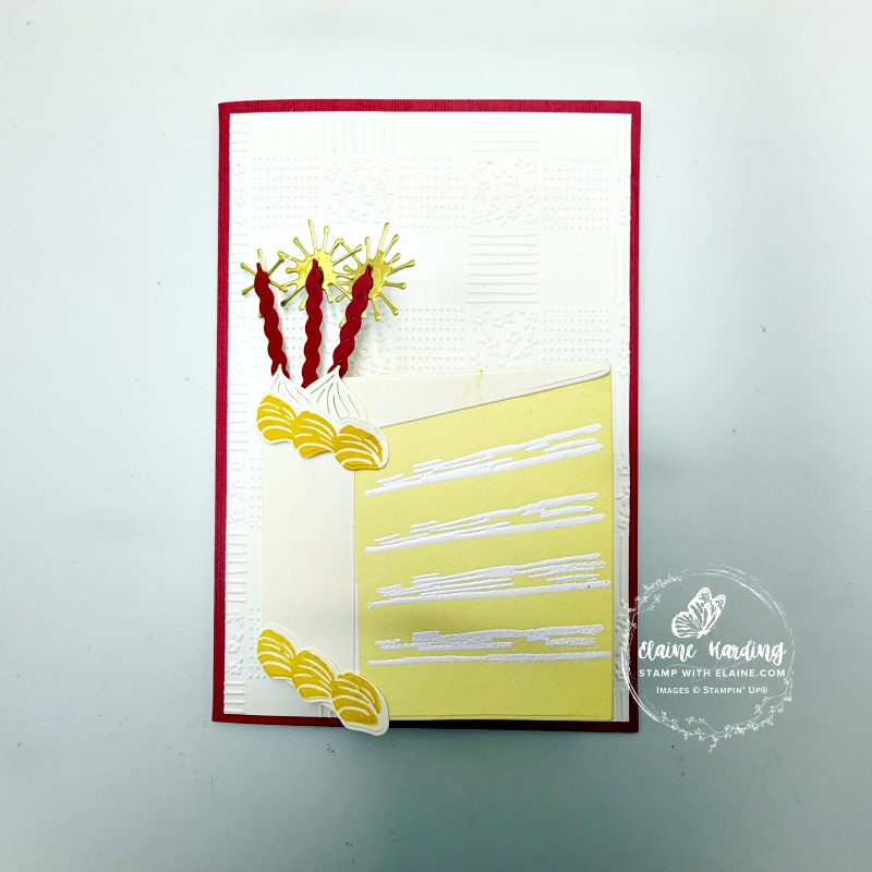 Embossed card with cake, frosting and candles