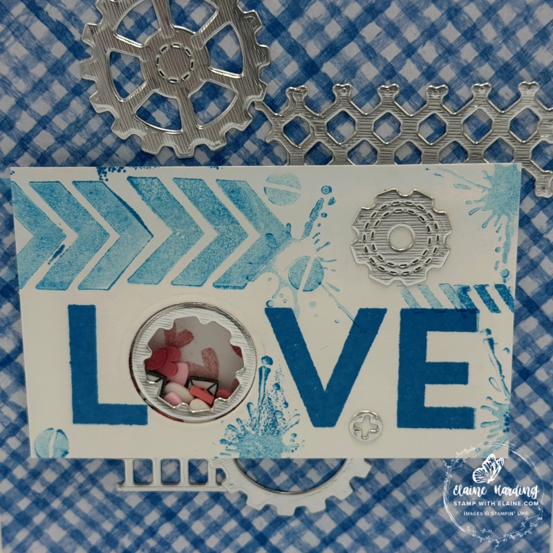 close up of shaker label Gears & Textures valentine card