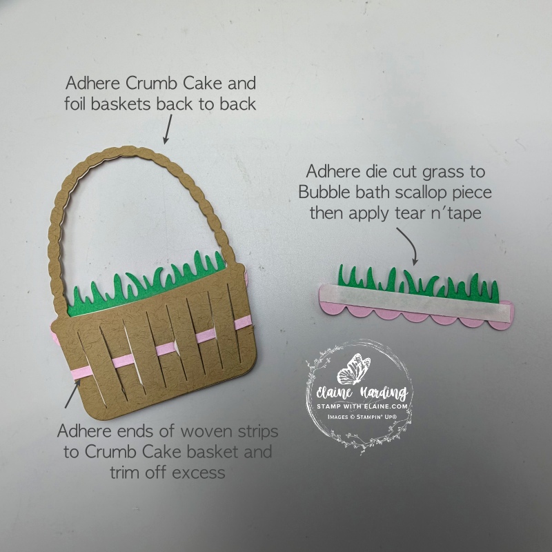 weaving, adhering strip to basket and adhering grass to scallop piece