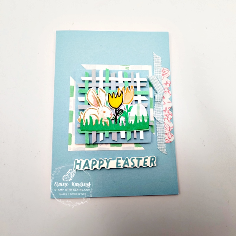 Balmy Blue layered Easter Card with Notes of Spring and Easter Basket